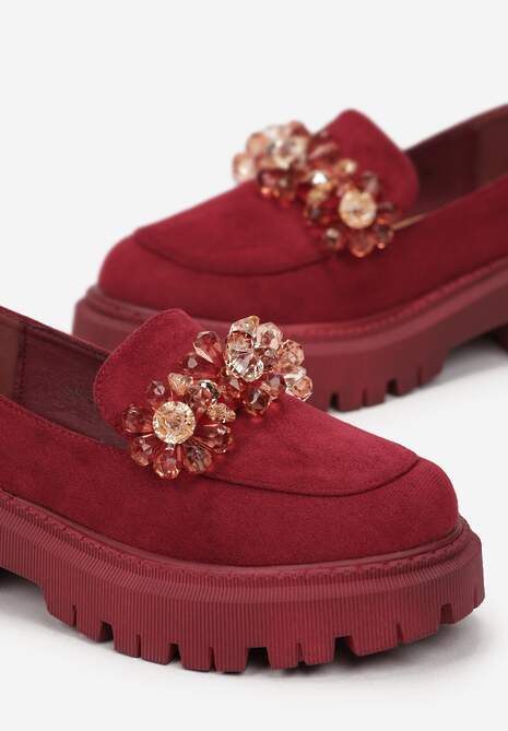 Bordowe Mokasyny z Kryształkami na Grubej Podeszwie Kimza 5