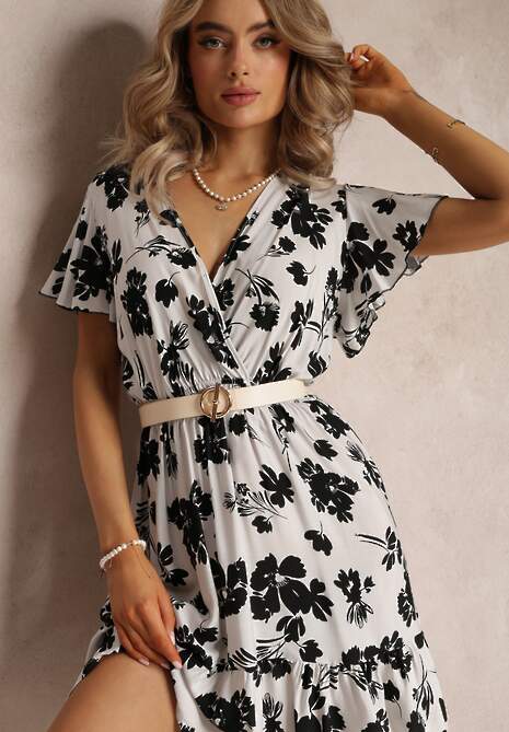 Rochie Albă Mini din Viscoză cu Flori și Decolteu Petrecut Irimette 4