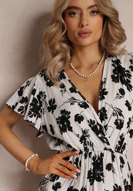 Rochie Albă Mini din Viscoză cu Flori și Decolteu Petrecut Irimette 5