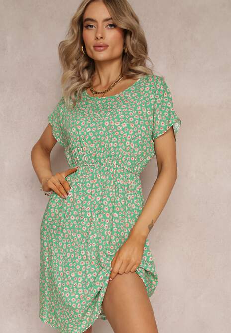 Zielona Rozkloszowana Sukienka Mini w Kwiaty z Gumką w Pasie z Wiskozy Elineano