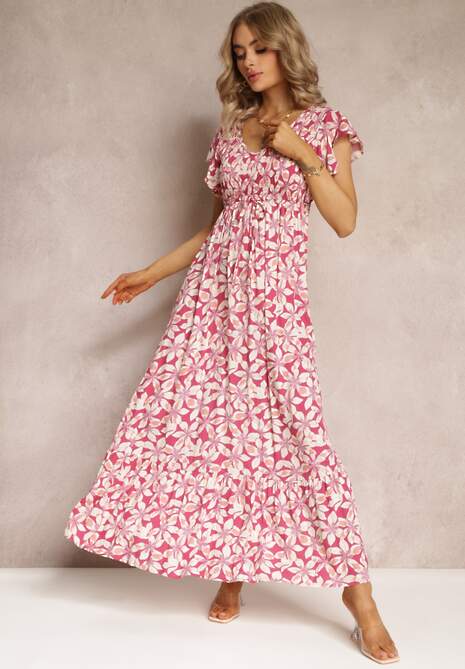 Różowa Rozkloszowana Sukienka z Wiskozy w Kwiaty Ghedjed