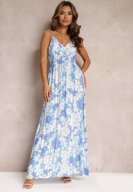 Niebieska Sukienka na Cienkich Ramiączkach z Bawełny w Kwiatowy Print Agemia