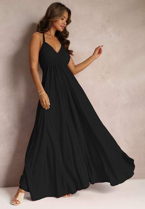 Czarna Rozkloszowana Sukienka Bawełniana z Wiązaniem na Szyi Panethea