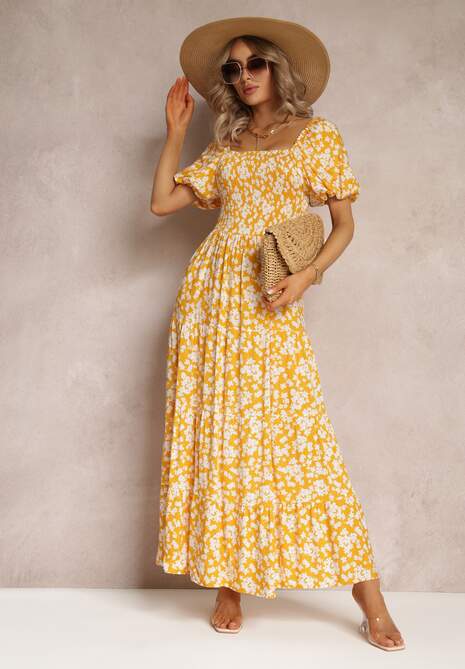 Żółta Trapezowa Sukienka Bawełniana w Kwiaty Cresenia