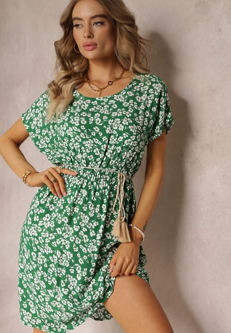 Zielona Wiskozowa Mini Sukienka w Kwiatowy Print z Gumką w Pasie Frolia