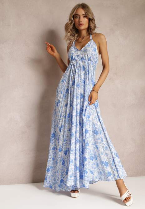 Niebieska Bawełniana Sukienka Maxi z Wiązaniem na Szyi Detra