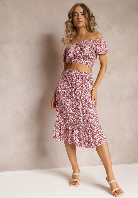 Czerwony Komplet 2 Częściowy w Kwiaty Top i Spódnica Darcione 4
