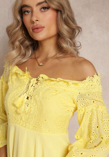 Rochie Galbenă cu Mâneci 7/8 și Dantel Decorativ Cascantha 5