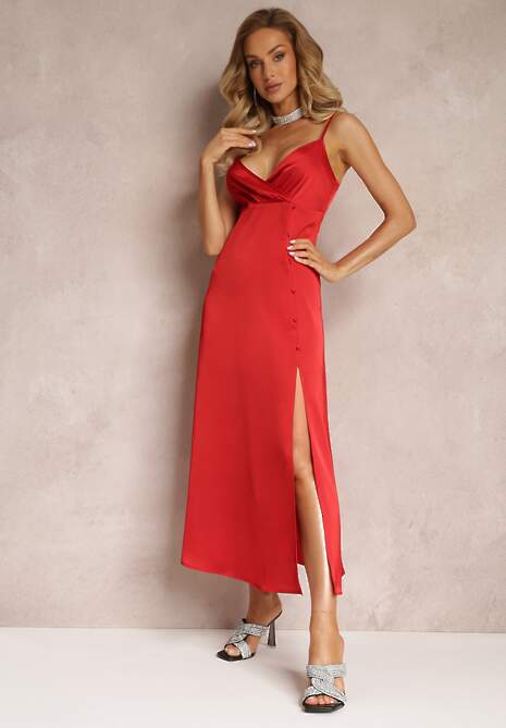 Czerwona Taliowana Sukienka Maxi na Cienkich Ramiączkach z Rozcięciem Samiksa