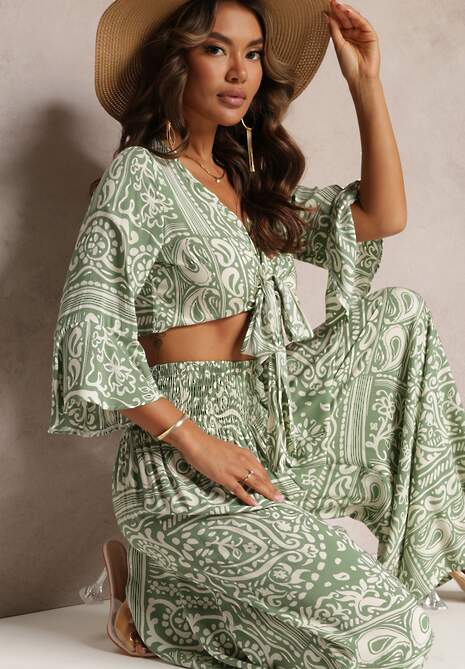 Verde 2-Piese Costum Bumbac cu Jachetă Scurtă și Pantaloni Largi Jeniah 4