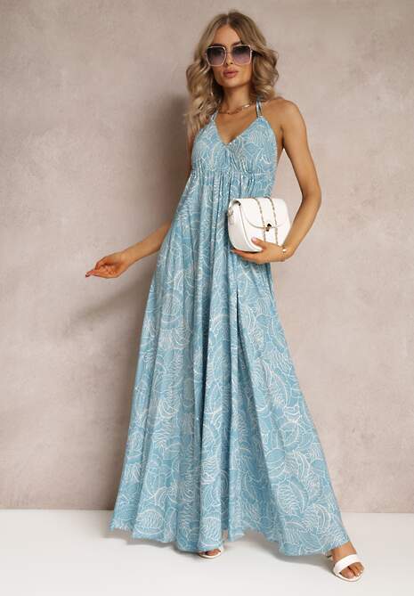 Niebieska Rozkloszowana Sukienka Wiązana na Szyi z Wiskozy Frederica