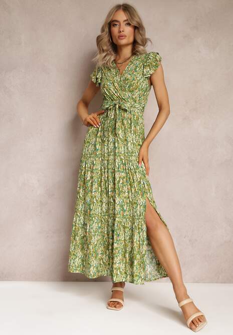 Zielona Rozkloszowana Sukienka z Gumką w Talii i Falbanką Samat