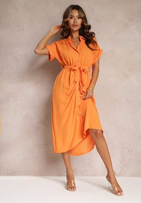 Pomarańczowa Wiskozowa Sukienka Midi w Koszulowym Stylu z Gumką w Talii Paislli