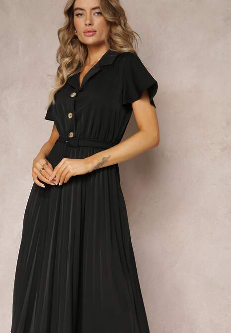 Rochie Neagră Retro Midi Cu Pliuri Și Curea Cu Cataramă Elinerise 4