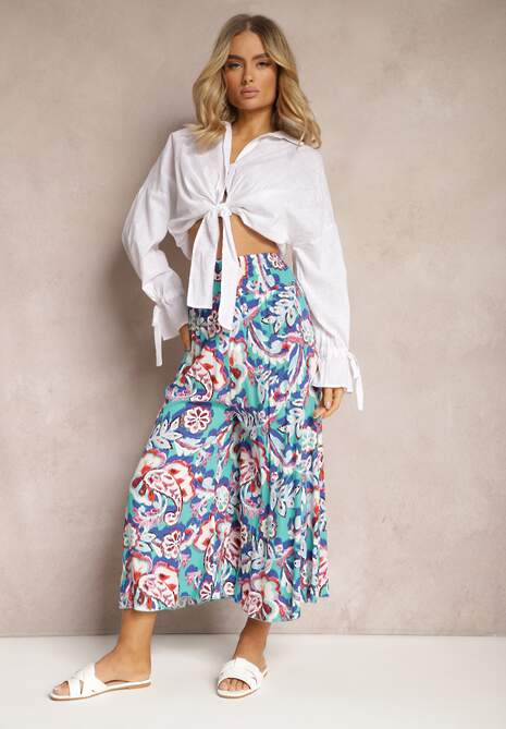 Pantaloni largi albastru-verzi din viscoză cu imprimeu floral Ulionea 4