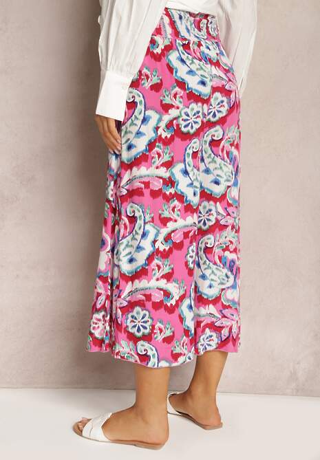 Pantaloni Largi Roz-Albastru din Viscoză cu Model Ornamental Ulionea 5