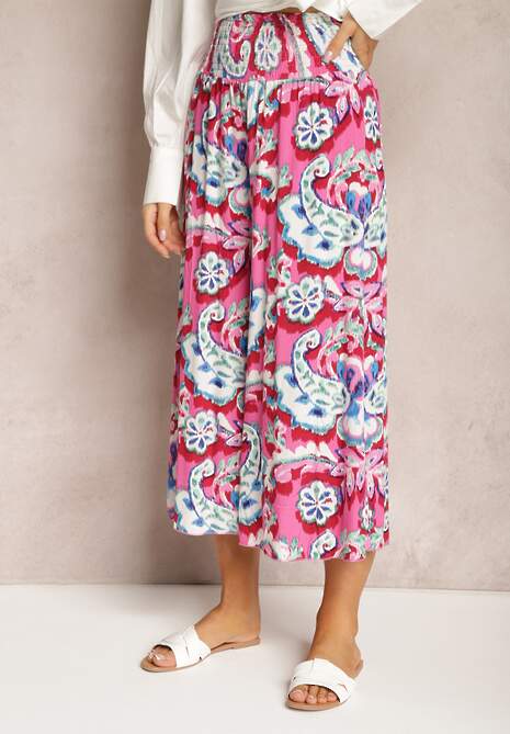 Pantaloni Largi Roz-Albastru din Viscoză cu Model Ornamental Ulionea 6