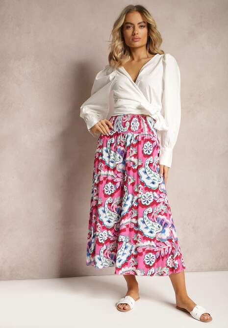 Różowe Szerokie Spodnie z Wiskozy z Ornamentalnym Wzorem Ulionea