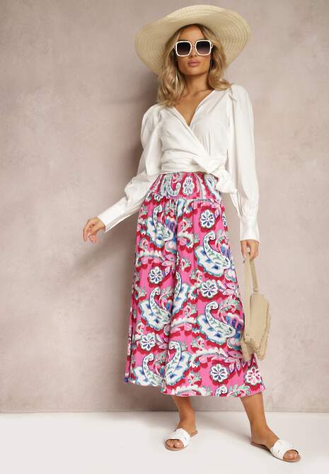 Pantaloni Largi Roz-Albastru din Viscoză cu Model Ornamental Ulionea 4
