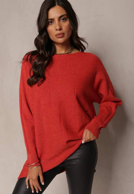 Czerwony Luźny Sweter z Długim Rękawem Roselin