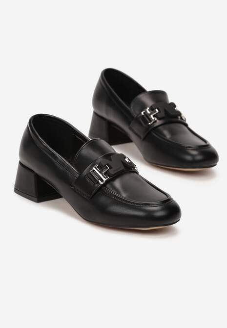 Mocasini Negri cu Toc Scurt Brant din Piele și Ornament Metalic Hypephone 4