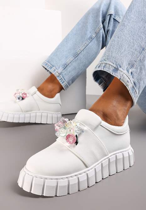 Białe Wsuwane Sneakersy na Platformie z Kryształkami Alexelina
