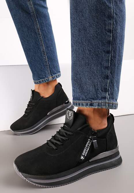 Sneakerși Negri Înnodați cu Fermoar și Inserție Metalică pe Talpă Joasă Foleen