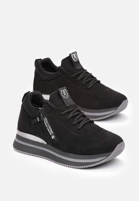 Sneakerși Negri Înnodați cu Fermoar și Inserție Metalică pe Talpă Joasă Foleen 4