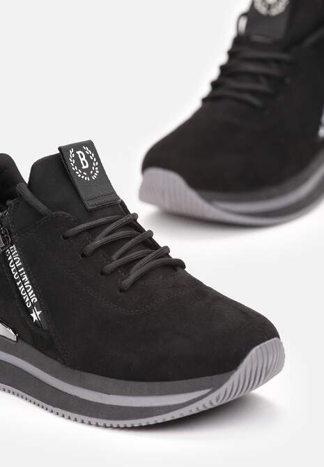 Sneakerși Negri Înnodați cu Fermoar și Inserție Metalică pe Talpă Joasă Foleen 5