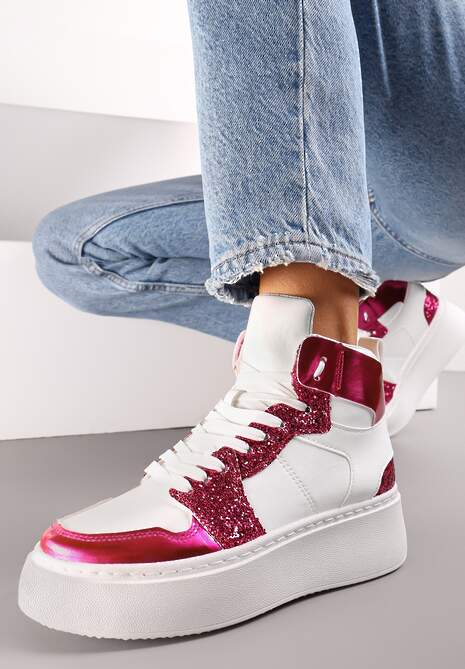 Biało-Fuksjowe Sznurowane Sneakersy za Kostkę z Brokatem i Metalicznymi Wstawkami Sareena
