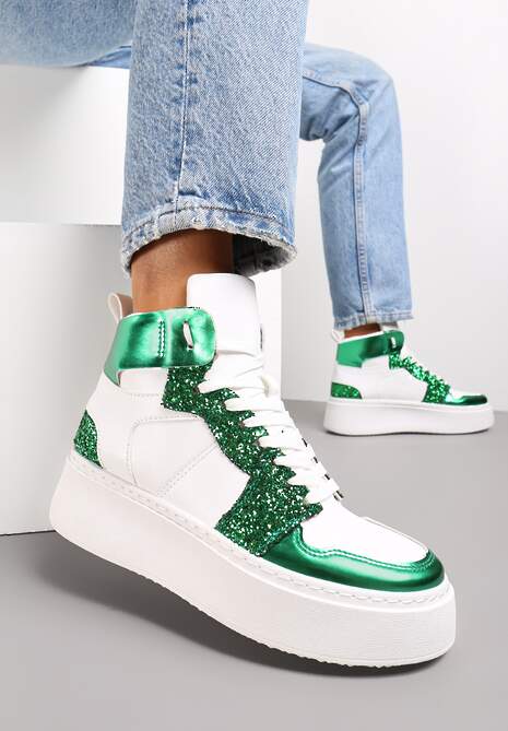 Biało-Zielone Sznurowane Sneakersy za Kostkę z Brokatem i Metalicznymi Wstawkami Sareena