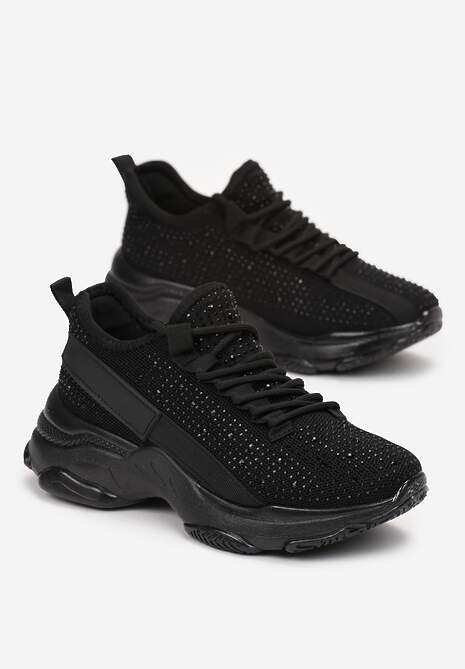 Czarne Sznurowane Sneakersy z Ozdobnymi Cyrkoniami na Płaskiej Grubej Podeszwie Imria 4