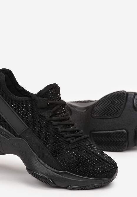 Czarne Sznurowane Sneakersy z Ozdobnymi Cyrkoniami na Płaskiej Grubej Podeszwie Imria 5