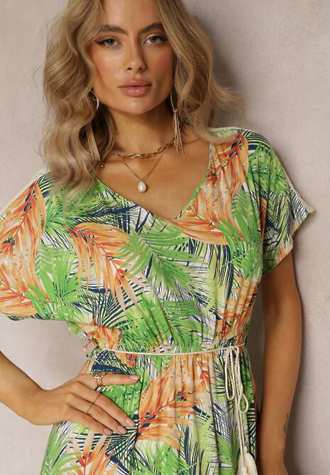 Rochie Maxi Verde-Portocalie din Viscoză cu Imprimeu Floral cu Șnur în Talie Anukka 5