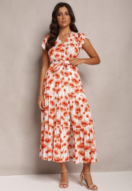 Pomarańczowa Rozkloszowana Sukienka Maxi w Kwiatowy Print z Gumką w Pasie Javiky