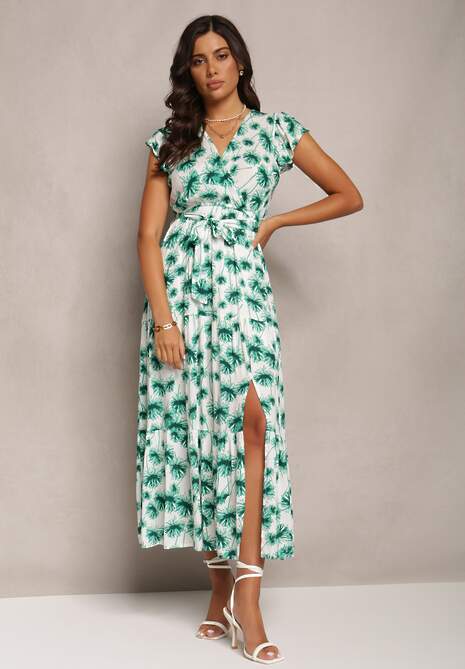 Zielona Rozkloszowana Sukienka Maxi w Kwiatowy Print z Gumką w Pasie Javiky