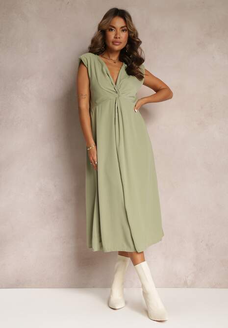 Rochie verde midi clos cu nod decorativ și fantă Zanondia 5