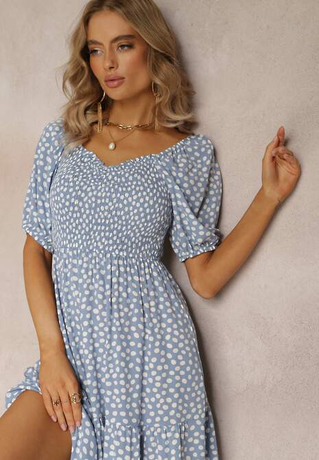 Rochie mini albastră cloș cu buline din viscoză decorată cu volan Aulian 4