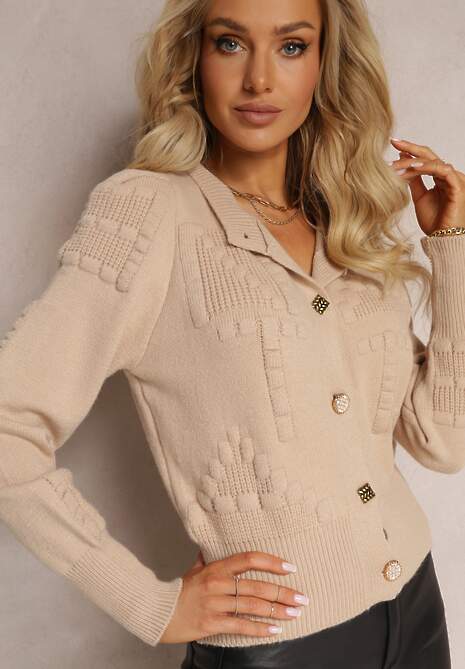 Bej Cardigan din Vâscoză cu Elastic la Mâneci și în Talie cu Nasturi Genadia 4