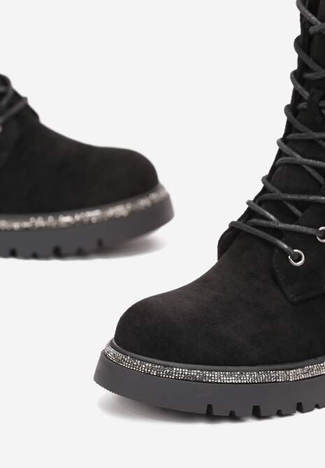 Czarne Sznurowane Botki Workery z Cyrkoniami na Płaskiej Podeszwie Laylyn 5