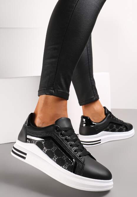 Czarno-Białe Sneakersy na Platformie z Brokatowymi Wstawkami Elsalor