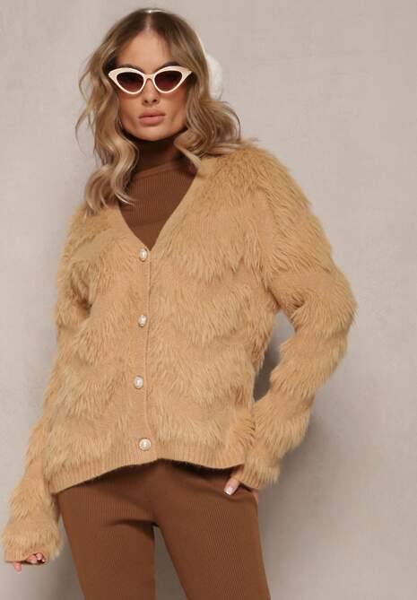 Bej Închis Cardigan Încheiat cu Nasturi din Material Pufos Ralioppe 4