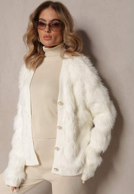 Cardigan Alb Încheiat cu Nasturi din Material Pufos Ralioppe 4