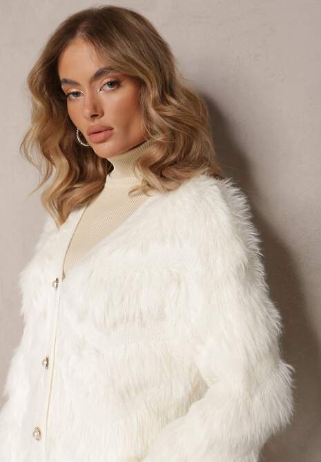 Cardigan Alb Încheiat cu Nasturi din Material Pufos Ralioppe 5