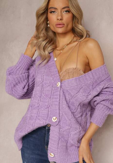 Fioletowy Kardigan na Guziki z Warkoczykowym Splotem Mcills 4