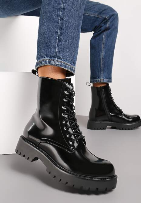 Botine Negre din Piele Ecologică Lacuită cu Șiret Talpă Plată și Protector Huke