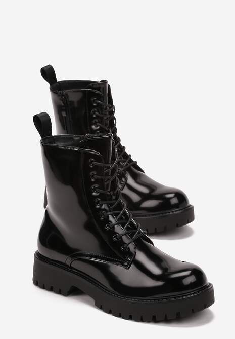 Botine Negre din Piele Ecologică Lacuită cu Șiret Talpă Plată și Protector Huke 4