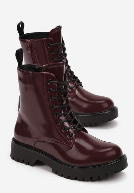 Bordowe Sznurowane Botki z Lakierowanej Ekoskóry na Płaskiej Podeszwie z Protektorem Huke 4