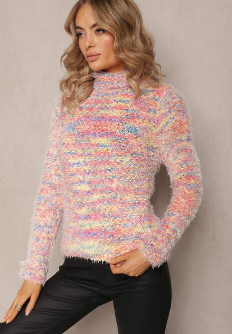 Pulover Roz din Lână cu Guler Înalt din Tricot Pufoș Wilciem 4