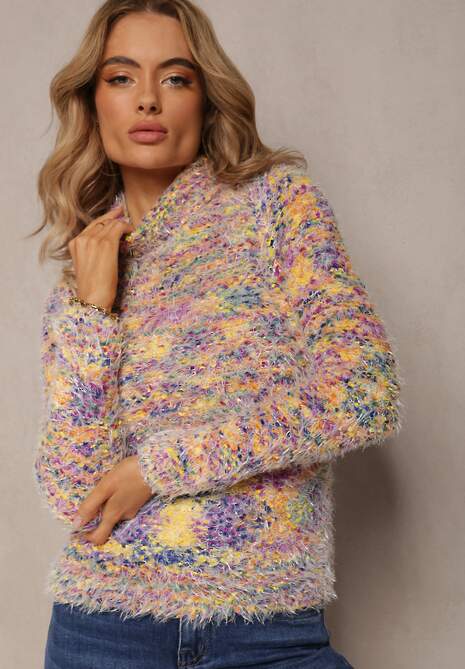 Pulover Violet-Galben din Lână cu Guler Înalt din Tricot Puțin Texturat 4